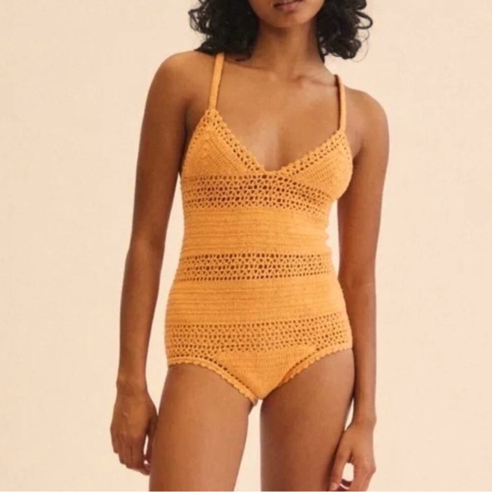 She Made Me Creamsicle Orange Crochet Swimsuit One-piece Size M/L Cheeky Swim
